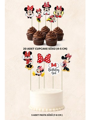 Minnie Mouse Konsept 5 Adet Pasta 20 Adet Cupcake Mini Set Doğum Günü Pasta Süsü