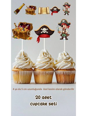 Korsan Temalı Konsept Kürdanlı Cupcake Süsü Doğum Günü Süsü *20'li Kalın Kağıt