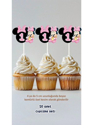 Minnie Mouse 1 Yaş Temalı Konsept Kürdanlı Cupcake Süsü Doğum Günü Süsü *20'li Kalın Kağıt