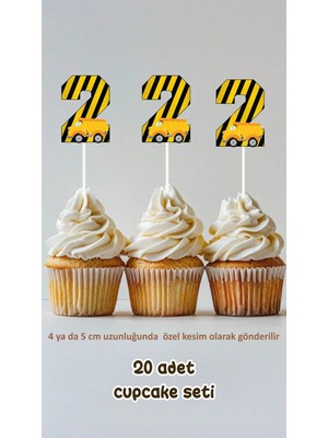 Inşaat 2 Yaş Temalı Konsept Kürdanlı Cupcake Süsü Doğum Günü Süsü *20'li Kalın Kağıt