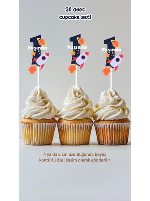 1 Yaş Uzay Temalı Cupcake Süsü Pasta Süsü Doğum Günü Süsü 20 Adet