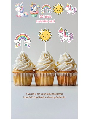 Unicorn Temalı Cupcake Süsü Pasta Süsü Doğum Günü Süsü 20'li