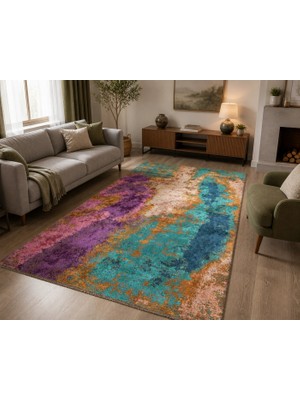 Hoom Rugs Arkaik Plz 01 Eflatun Etnik Renkli Vintage Makine Halısı