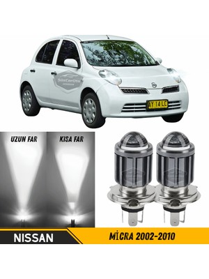 Caralp Nissan Micra 2002-2010 Uyumlu Mercekli Far Ampulü LED Xenon Beyaz Renk Far Şimşek Etkili Csp LED Lamba Uzun Kısa 2 Adet Takım