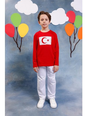 Perendi Erkek Çocuk Türk Bayrak Baskılı Uzun Kollu Tişört