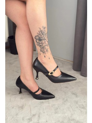 Preshley Kadın Sarah Siyah Cilt 7cm  Ince Topuk Önden Tokalı Ayakkabı Stiletto