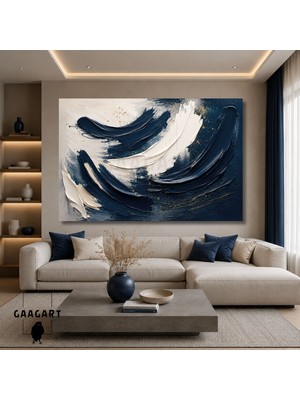 Gaagart Tekli Yatay Kanvas Tablo Dijital Baskı Gece Mavisi Lacivert Fırça Darbeleri