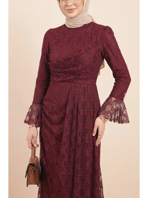 Moda Morfo Kol Manşeti Volanlı Önü Drapeli Astarlı Dantel Elbise -Bordo