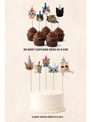Kedi Konsept 5 Adet Pasta 20 Adet Cupcake Mini Set Doğum Günü Pasta Süsü