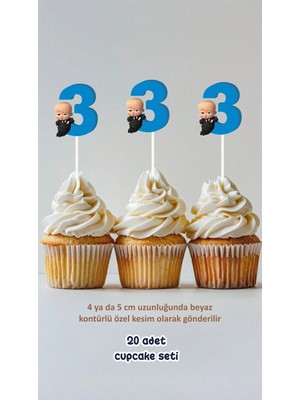 Patron Bebek 3 Yaş Temalı Konsept Kürdanlı Cupcake Süsü Doğum Günü Süsü *20'li Kalın Kağıt