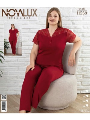 Noyalux Kadın Büyük Beden Bordo Kırmızı Önden Düğmeli Dantelli Pijamatakımı