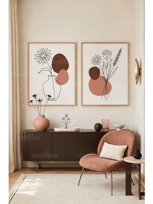 Tontilika Minimalist Çiçek Temalı 2'li Ahşap Çerçeveli Tablo Seti
