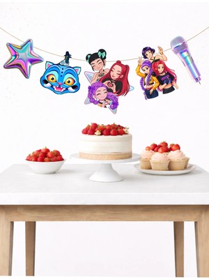 Kpop Demon Hunters Temalı Banner Parti ve Doğum Günü Süsü 5 Figür