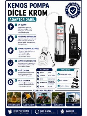 Kemos Dicle Krom  220-12 Volt Dalgıç Adaptörlü Mazot Aktarma(Sıvı Transfer) Pompası