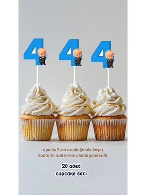 Patron Bebek 4 Yaş Temalı Konsept Kürdanlı Cupcake Süsü Doğum Günü Süsü *20'li Kalın Kağıt