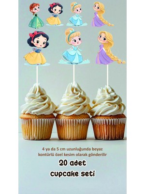 Prenses Temalı Konsept Kürdanlı Cupcake Süsü Doğum Günü Süsü *20'li Kalın Kağıt