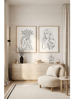 Tontilika Minimalist Doğal Çizgiler 2'li Ahşap Çerçeveli Tablo Seti