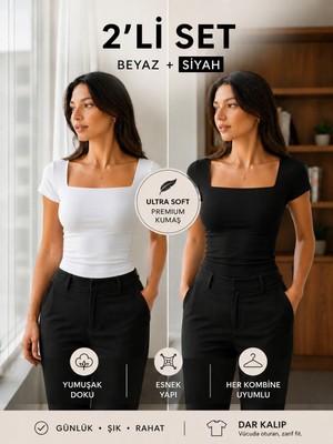 Hayalet 2'li Set Kadın Kare Yaka Basic T-Shirt – Fitted / Dar Kalıp Premium Bluz (Göğüs Astarlı)