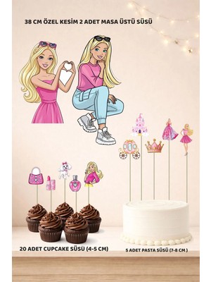 Barbie Doğum Günü Süsü Seti - Pasta Süsü, Cupcake Süsü, Pano Masa Üstü
