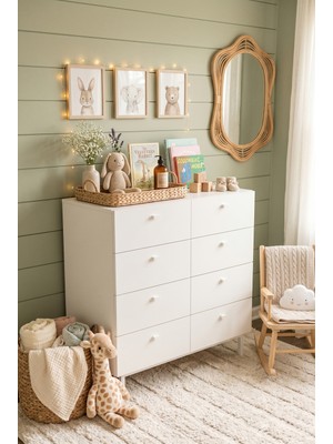 Robin Home Robinhome Bebek Odası Çocuk Odası Geniş Şifonyer 8 Çekmeceli Ahşap Ayaklı Beyaz