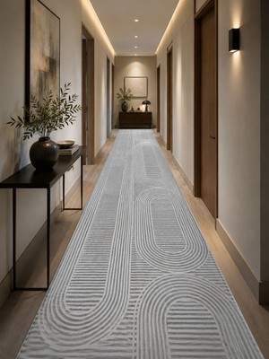 Ruha Home Modern Çizgili Gri Beyaz Bambu Jel Koridor Halısı 100X400 cm Kaymaz Taban Yıkanabilir Lüks Dekoratif Halı