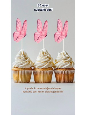 Sinek Kupası Tasarım Kelebek Temalı Konsept Kürdanlı Cupcake Süsü Doğum Günü Süsü *20'li Kalın Kağıt