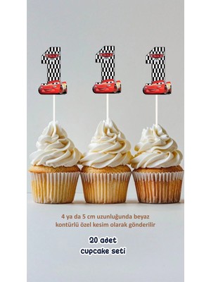 Sinek Kupası Tasarım Şimşek Mcqueen 1 Yaş Temalı Konsept Kürdanlı Cupcake Süsü Doğum Günü Süsü *20'li Kalın Kağıt