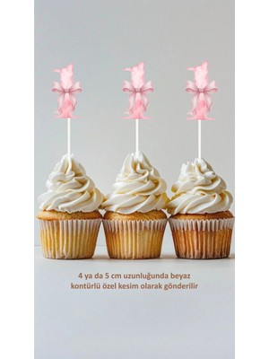 Sinek Kupası Tasarım Pembe Fiyonk 1 Yaş Temalı Konsept Kürdanlı Cupcake Süsü Doğum Günü Süsü *20'li Kalın Kağıt