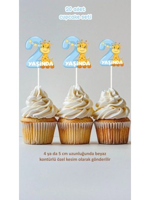 Sinek Kupası Tasarım 2 Yaş Zürafa Temalı Cupcake Süsü Pasta Süsü Doğum Günü Süsü 20 Adet