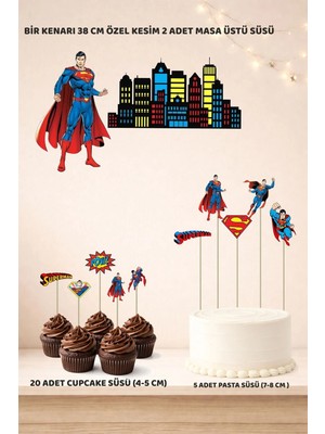 Sinek Kupası Tasarım Süperman Doğum Günü Süsü Seti - Pasta Süsü, Cupcake Süsü, Pano Masa Üstü Süsü