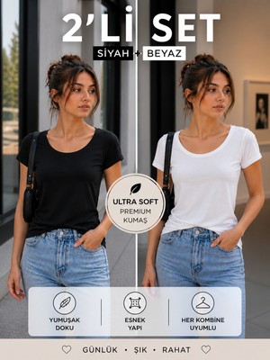 Hayalet 2'li Set Kadın Oval Yaka Basic T-Shirt – Loose Fit/Bol Kesim Premium Bluz