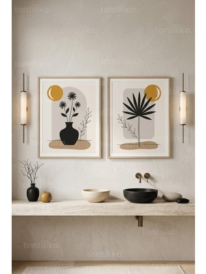 Tontilika Minimalist Bitki Temalı 2'li Ahşap Çerçeveli Tablo Seti