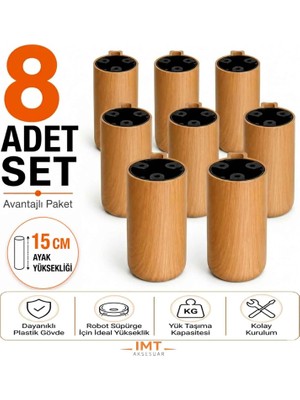 İmt Aksesuar Kapsül Mobilya Ayağı 4 Adet 15 cm Ahşap Görünümlü Plastik Koltuk Kanepe TV Ünitesi Baza Ayağı Robot Süpürge Uyumlu
