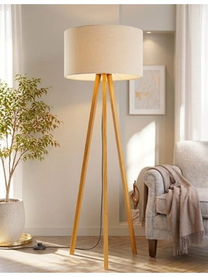 Ahşap Tripod Lambader Modern Dekoratif Salon Lambası Kumaş Başlıklı 3 Ayaklı Lamba 125 cm
