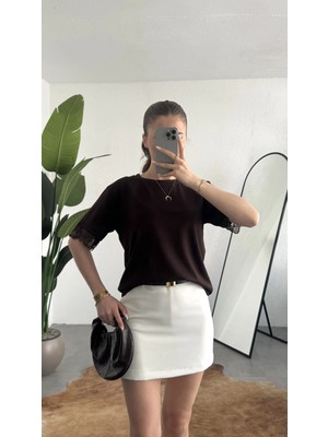 Asfa Moda Kadın Kahverengi Dantel Detaylı Sırt Dekolteli Oversize Kadın Bluz Şık Günlük Bluz