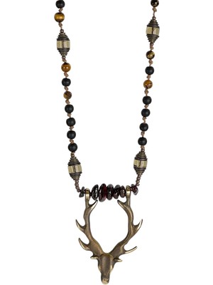 Mr. Deer - Antika Bronz Geyik Figürlü Onyx Smoke Quartz Tiger Eye Erkek Kolye MEY2411005