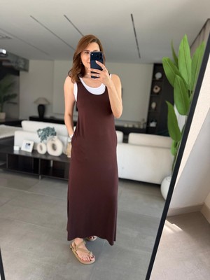 Qimya Butik Kadın Iki Parçalı Içi Mini Boy Atlet Üstü Ince Askılı Derin Yırtmaçlı Elbise