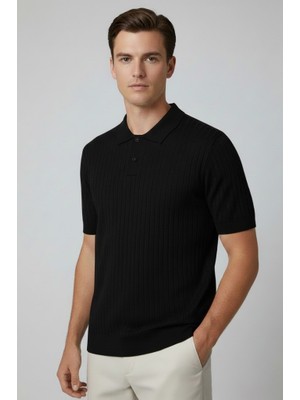 Yyz Store Polo Yaka Likralı Triko T-Shirt Siyah