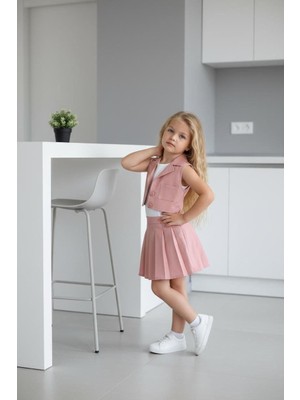 Bubiee Baby Kız Çocuk Askılı Bluzlu  Pembe Crop Yelekli ve Pileli Etekli Alt Üst Takım  3'lü -Şık Bayramlık Set