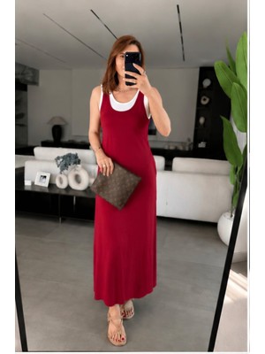 Qimya Butik Kadın Iki Parçalı Içi Mini Boy Atlet Üstü Ince Askılı Derin Yırtmaçlı Elbise