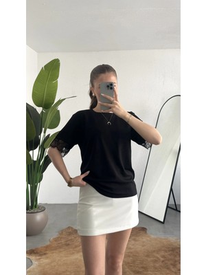 Asfa Moda Kadın Siiyah Dantel Detaylı Sırt Dekolteli Oversize Kadın Bluz Şık Günlük Bluz