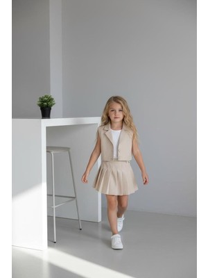 Bubiee Baby Kız Çocuk Askılı Bluzlu  Pembe Crop Yelekli ve Pileli Etekli Alt Üst Takım  3'lü -Şık Bayramlık Set