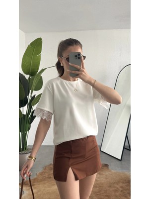 Asfa Moda Kadın Beyaz Dantel Detaylı Sırt Dekolteli Oversize Kadın Bluz Şık Günlük Bluz