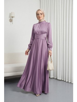 Moda Morfo Beli Çapraz Bağlamalı Yuvarlak Yaka Saten Elbise  -G.kurusu