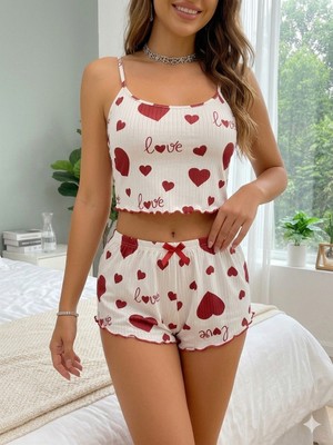 Trend Dokunuş Kadın Beyaz Kalpli Romantik Gecelik Şortlu Takım