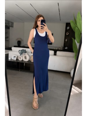 Qimya Butik Kadın Iki Parçalı Içi Mini Boy Atlet Üstü Ince Askılı Derin Yırtmaçlı Elbise