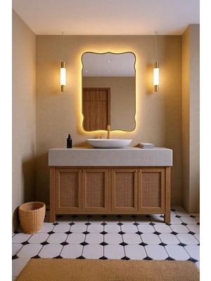 Faw Decor Ahşap Çerçeveli LED Işıklı Dekoratif Duvar Aynası ve Estetik Banyo Aynası