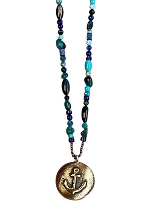 Mey Atelier Sailor 24 - Karma Mavi Taşlı Antika Bronz Çapa Erkek Kolye MEY2411015