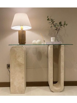 Arte Marble Traverten Blok Ayaklı Cam Dresuar Ham ve Naturel