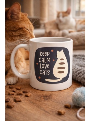 Uravas Store Keep Calm Love Cats Kedi Temalı Porselen Kupa Model 56 – Sevimli Tasarım , Kahve & Çay Kupası